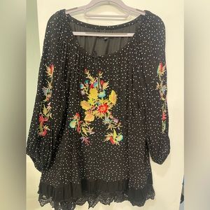 Calessa- XL Blouse Black white polka dot with beautiful floral embroidery.